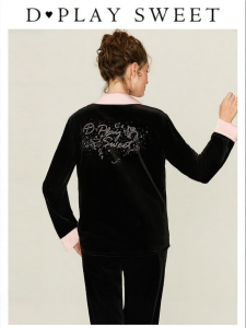 Black and Pink Velvet Luxurious French Style Embroidered Pajama Set