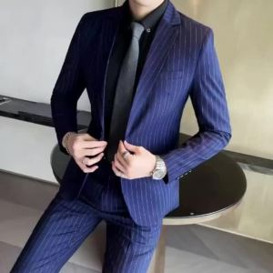 Mens Fashion High-Quality Slim Fit Two-Piece Suit Set Spring Autumn Stripes Business Casual Trousers And Jacket Combo