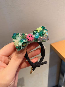 Korean Style Young Adult Smiley Hair Band Bows Diamond-Embedded Rubber Band Hair Rope High Elastic Durable Girl Hair Braiding Head Rope New Arrival