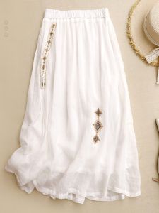 Elegant Chinese Embroidered Cotton Linen Half Skirt Slimming Drapey Thin Summer High Waist A-Line Skirt for Women
