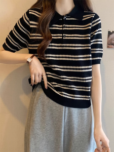Ice Silk Striped T-Shirt Summer Thin Loose Regular Collar