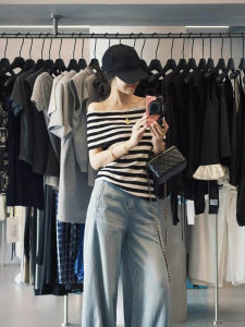 CHOEFULYN | Black and White Stripe Contrast Ice Silk Knit Off-Shoulder Short Sleeve T-Shirt