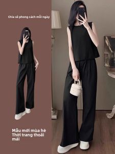 LIANGYILAILIN | Summer Two-Piece Outfit Black Back Button Sleeveless Vest and Elastic Waist Loose Trousers