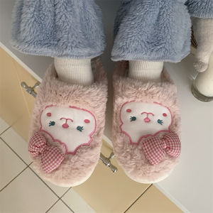 Thin Stripe K-style Ins Cute Bear Cotton Slippers Womens Autumn and Winter Interior Home Students Warm-Keeping Stuffed Cotton-Padded Shoes