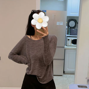 Áo Thun Nữ Dáng Rộng Màu Xám Hoa Phong Cách Hàn Quốc Mùa Thu 2024 Áo Thun Dài Tay Cổ Tròn Dáng Ôm Vừa Vặn Giảm Tuổi Tác