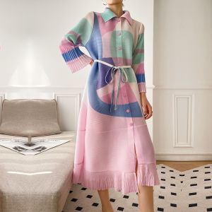 Pleated Lace-up Dress 2023: New Single-Breasted Lapel Print Lapel Mid-Length Elegant Slim for Women YS22290