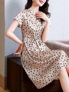 ฤดูร้อน Elegance ผ้าไหม เดรส Maternity Mommy Belly Covering Anti-aging Polka Dot Print Mulberry ผ้าไหม กระโปรง ยาวถึงเข่า คอวี แขนสั้น