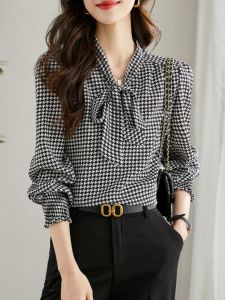 Autumn Winter Plaid Butterfly Knot Chiffon Shirt Women Spring Autumn New Fashion Maturity Long Sleeve Top Sweet Style Straight Cut Bubble Sleeve