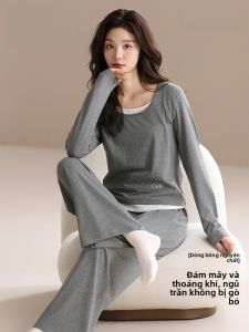 MiiOW | Áo ngủ cotton nguyên chất dài tay mùa xuân thu cho nữ quần dài thoải mái thoáng khí giản dị mặc ở nhà mặc ngoài trời