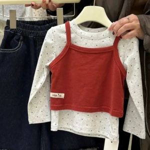 Girls Long Sleeve T-Shirt Spring Autumn Full Print Polka Dot round Neck Elastic Base Shirt Casual Style Standard Fit Pure Cotton