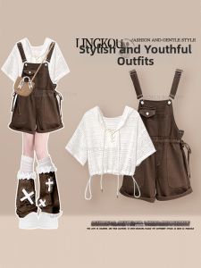 NUMEN BUTTON | Plus Size Summer Youthful Set Womens Elegant Sunscreen Tunic Top with Melanoid Denim Suspender Shorts Two Pieces
