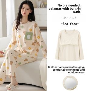 miiow | Pure Cotton Sleepwear With Chest Pad Long Sleeve Long Pants Ladies Can Wear Outdoor Home Clothes Cat Person Cartoon Style