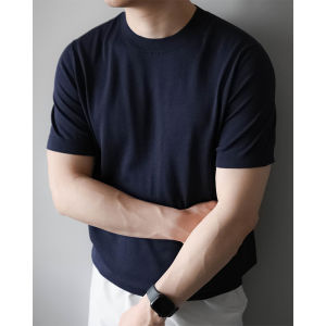 Silk Short Sleeve T-Shirt Mens Business Commute Lightweight Knitted round Neck Summer Breathable Cool Feeling Slim Fit Casual