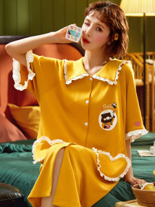 Langsha Nightdress Womens Pajamas Summer Cotton Short Sleeve Thin Cardigan Long Shirt Plus Size Can Be Outerwear Dress