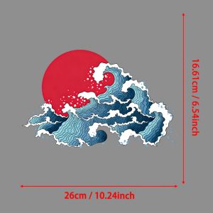 1Pc Japanese Wave Art Red Sun & Blue Ocean Waves Iron On Transfer Decals Clothing Thermoadhesive Patches on Clothes Applique