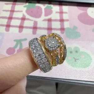 Huitan Antique Two Tone Ring for Women Wedding Engagement Luxury Accessories Set Inlaid Shiny CZ Woven Design Jewelry for Lady
