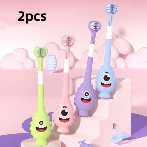 2/4/8 Pieces of Random Colors Are Suitable for Kidsren Aged 3-12 Years Old. Three-Sided Toothbrush Soft-Bristled Toothbrush 360-Degree Wrapped Deep Cleaning Fashionable Monster Cartoon Shape *Childrens Cartoon Toothbrush Super Soft Bristles Suita...