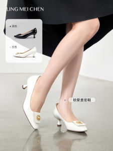 รองเท้าส้นสูงหนังแท้สำหรับผู้หญิง Lingmeichen รองเท้าส้นแบนแบบสวมหัวเหลี่ยม ทรงหัวเหลี่ยม ทรงหัวมน รองเท้าทำงาน