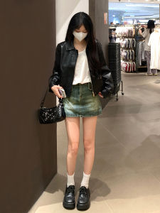 Black Short PU Leather Jacket Womens Small Size Spring Autumn Trendy Retro Biker Coat Commute Style Long Sleeve Zipper