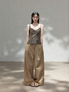 Cantonstory | Retro Khaki High Waist Straight Leg Casual Trousers