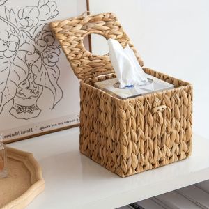 Boho Style Woven Tissue Box with Lid! Natural fiber snap - closure multi - scene use storage & decor all - in - one