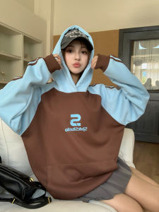 Retro American Color Block Hoodie Womens Spring Autumn Oversize Loose Lazy Style Sweatshirt Long Sleeve Printed Korean Version