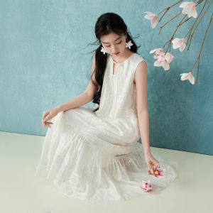 XIANGYING | New Chinese Style Sleeveless White Dress Summer New Design Bamboo Leaf Embroidery