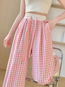 กางเกงขายาวทรงตรงลายสก็อตสีชมพูสำหรับผู้หญิงในช่วงฤดูร้อน กางเกงขายาวทรงหลวมเอวสูง พิมพ์ลายกางเกงขายาวแบบยาวถึงพื้น ความยาวปานกลาง
