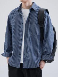 Blue Striped Long Sleeve Mens Denim Shirt Casual Vintage Style Autumn Outerwear Loose Fit Classic Collar Button down Coat