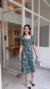 Đầm xòe hoa đính nút tay phồng có túi Misa - MS0306 (Hình thật shop chụp)