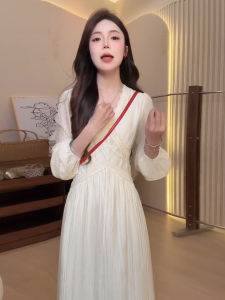 unifittoo | Pretty Elegant White Long-sleeved V-neck French Style Maxi Dress