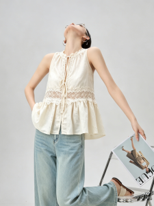 GULILI | Lace Cutout Round Neck Tie Sleeveless Top