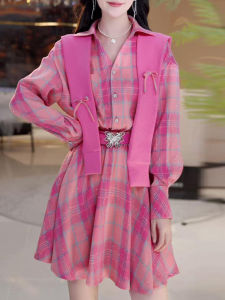 Shalldoer | ชุดเดรสลายสก็อตสีพื้นสไตล์วิทยาลัยสำหรับผู้หญิง ชุดสองชิ้น ฤดูใบไม้ร่วง 2025 แฟชั่นใหม่ ผ้าฝ้ายผสมโพลีเอสเตอร์ แขนยาว กระโปรงทรงเอ