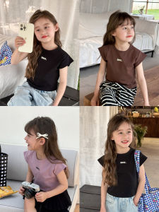 Korean Style Letter Print Short Sleeve Vest Childrens Summer T-Shirt Baby Girls Base Layer Shirt Loose Fit Cotton Fabric