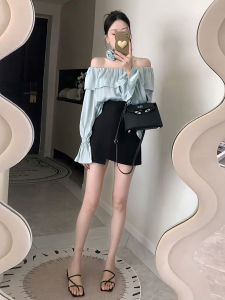 French Chic Mesh Flared Mini Skirt and Matching Set for Women Tagkita Brand High Waist Half-length Style Polyester Material