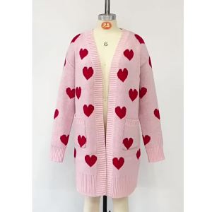 Women Loose Knitted Sweater Hearts Autumn Winter Fashion Pink Long Sleeve Coat Elegant V Neck Loose Crochet Warm Jumper Clothing