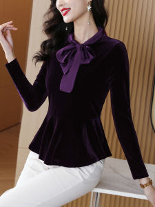 Elegant Long Sleeve Velvet Base Shirt Womens Fashionable Design Sensation Waist Cinching Skirt Design Top Butterfly Knot