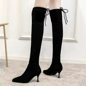 2023 ฤดูใบไม้ร่วง ฤดูหนาว สไตล์เกาหลี Pointed Toeรองเท้าส้นสูงกว่าเข่ารองเท้าบูทยาวผู้หญิง เซ็กซี่ รองเท้าบูทยาวCat Heelรองเท้าผู้หญิง