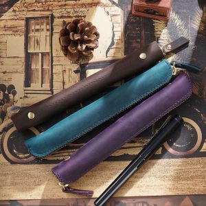 Vintage Genuine Leather Pencil Case Cowhide Zipper Pen Pouch Single Pocket Stationery Organizer Bag for Notebook School Office
