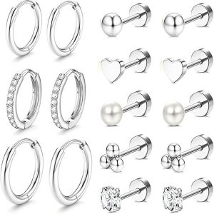 8 Pairs Flat Back Earrings Stud for Women Stainless Steel Trendy Pearl Love Ball Cartilage Earrings Smal Hoop Earrings Set