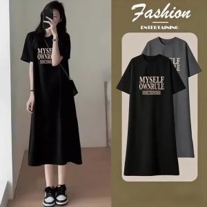 Women Casual T-Shirt Dress Summer Loose Short Sleeve Letter Print Long Maxi Dress O-Neck Split Streetwear Sundress