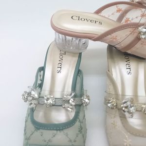 Clovers Kids - Sandal Anak Perempuan | Sandal Pesta Anak | Sandal Brukat Hak Kaca 3 cm