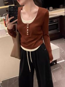HUOLISI | Stylish Contrast Design Long Sleeve T-shirt Women Autumn Winter
