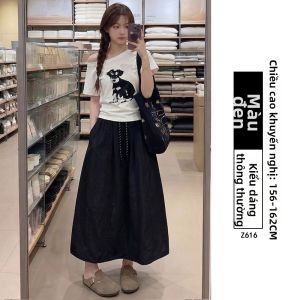 XIANYIJIAO | Chân Váy A-Line Dài Ngang Gối Đen Cao Waist Mỏng Phiên Bản Hè