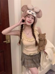 Lace Lace Camisole Womens Spring and Summer All-Match Silm Pure Desire Style Knitting Base Ride Short Tops Outerwear
