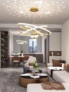 Modern LED Pendant Light with Adjustable Lights Three Rings Projection with Remote Control Ceiling light for Dining Room Living Room Villa High Ceiling Decorative Lighting