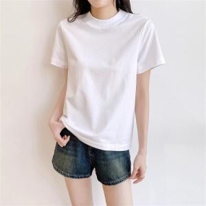 Elegant Pure Cotton Stand Collar Short Sleeve T-Shirt Women Loose Slim round Neck Half Sleeve Shoulder Pure Color Outerwear Base Shirt
