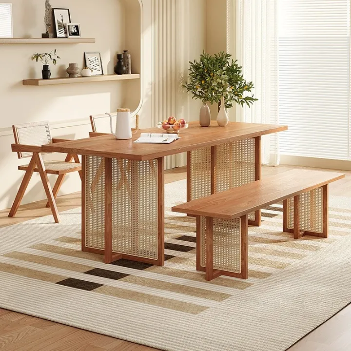 Rustic Long Rectangle Wooden Dining Table Wicker Weaving Simple ...