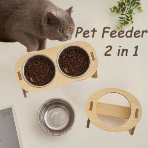 Pet Feeder 2 in 1 Double Bowls Stainless Dog Cat Bowl Cat Feeder Drinking Food Bowl Anti Rollover