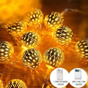 Moroccan Hollow Metal Ball LED String Lights Gold Cutout Globe Fairy Lights for Indoor Bedroom Wedding Patio Home Wall Decor
